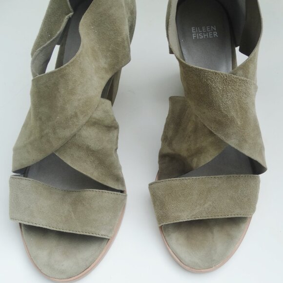 Eileen Fisher Marla Sandals 9.5 Olive Nubuck Suede Leather 3" Block Heel - Picture 3 of 8